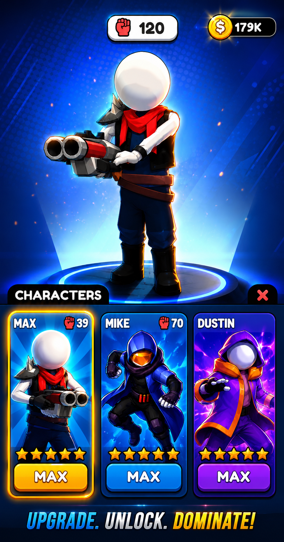 Captura de selección y mejora de personajes en SquadShooter